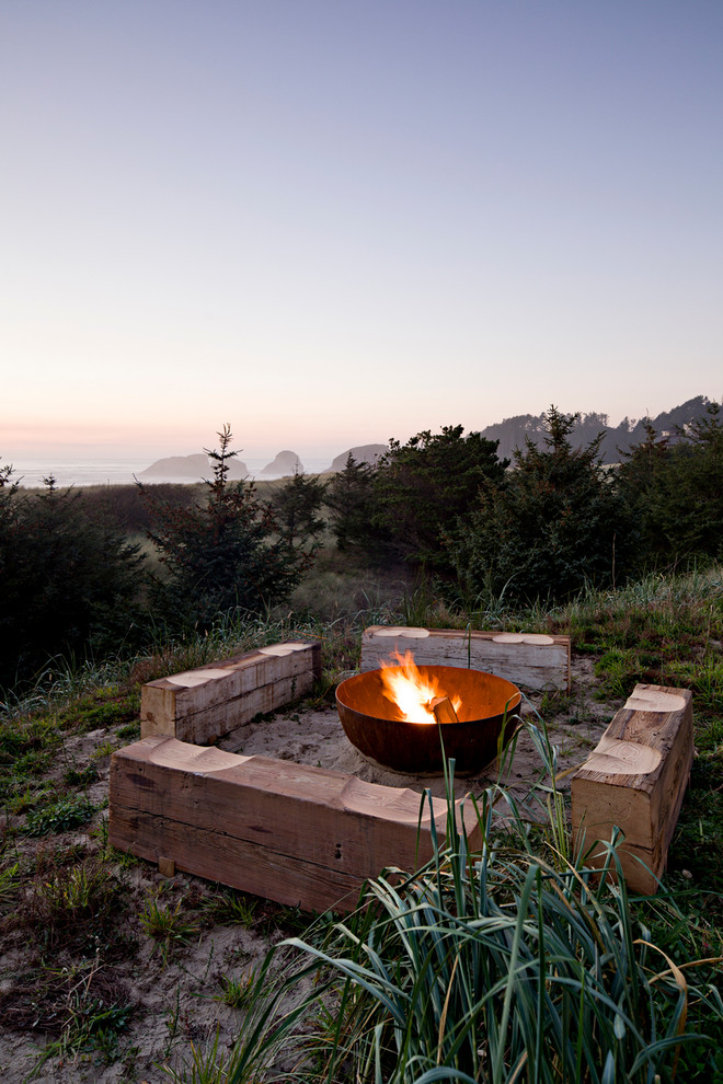 Stacked Stone Fire Pit Patio Beach with Beach House Butt Benches