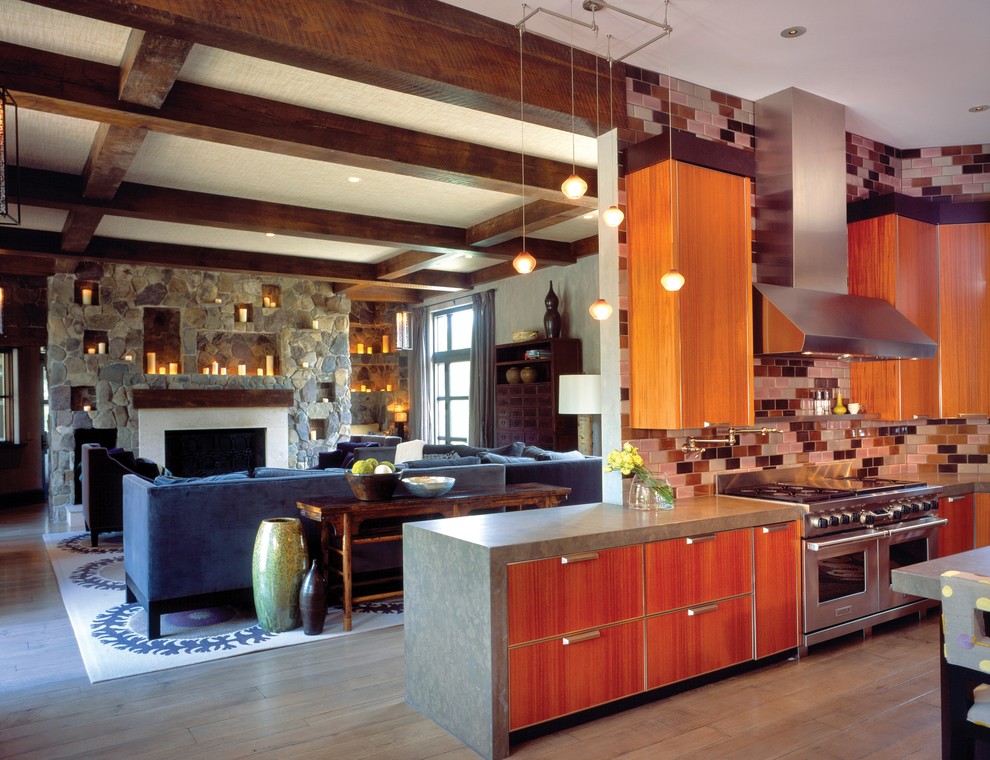 Stacked Stone Fireplace Surround Family Room Contemporary with Backsplash Bar Pendants Blue