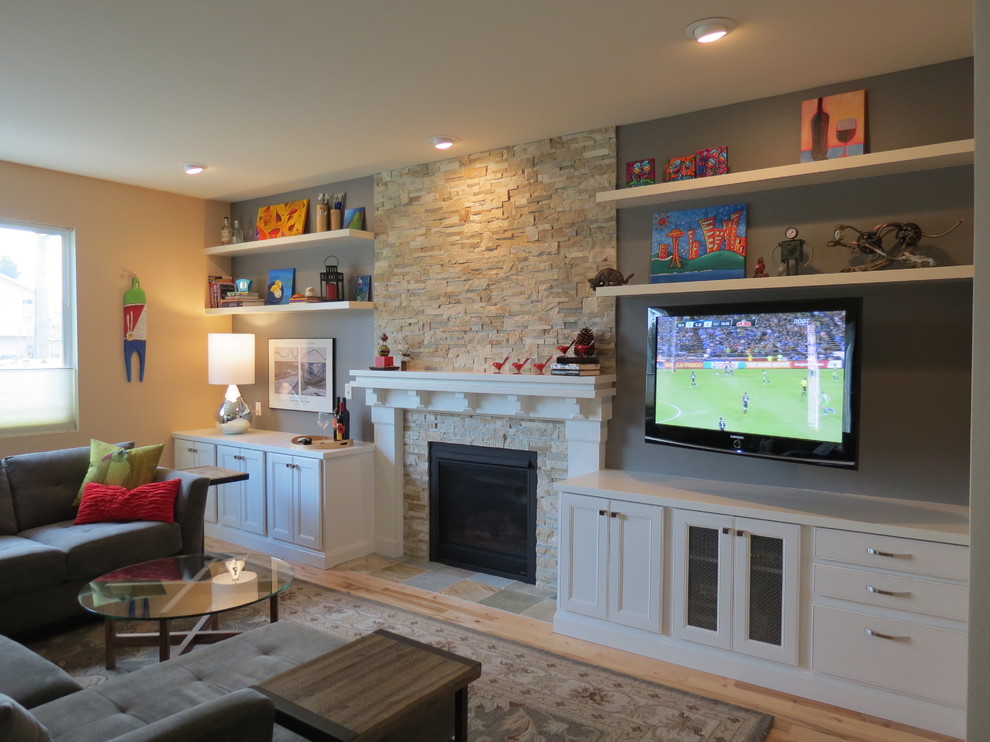 Stacked Stone Fireplaces Living Room Contemporary with None 