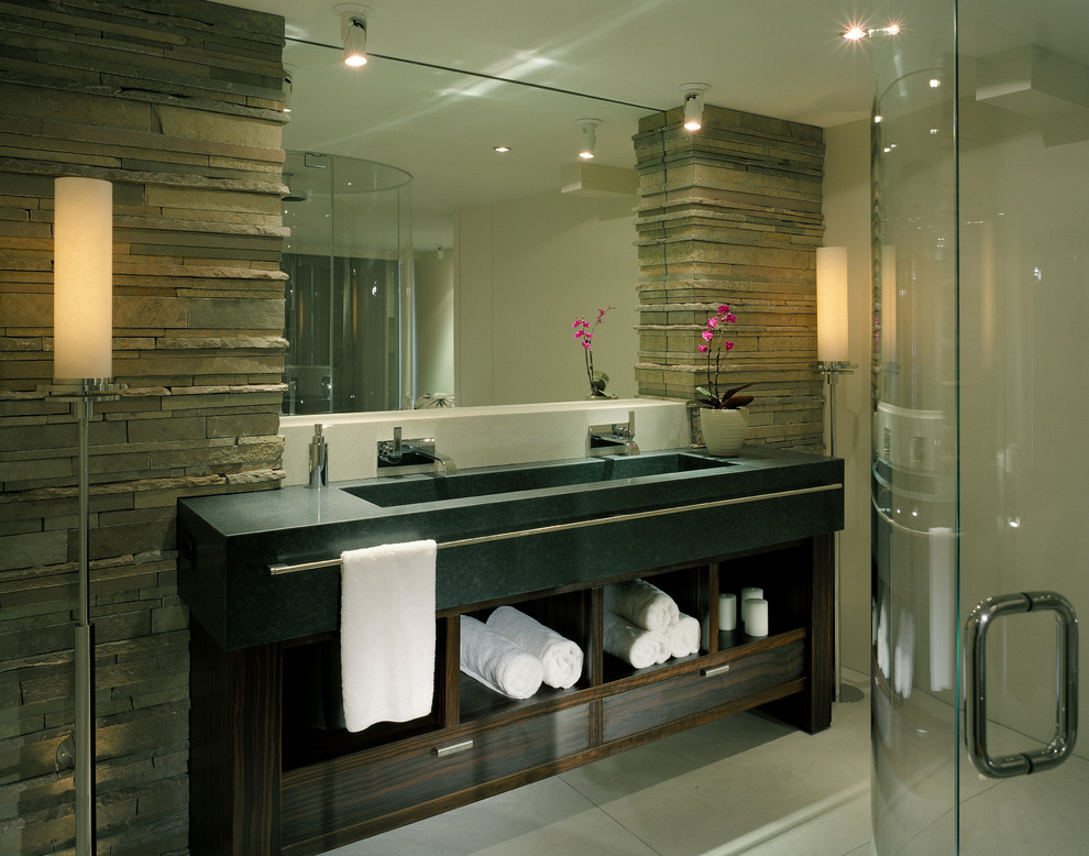 Stacked Stone Tile Bathroom Contemporary with Bath Lighting Black Blue
