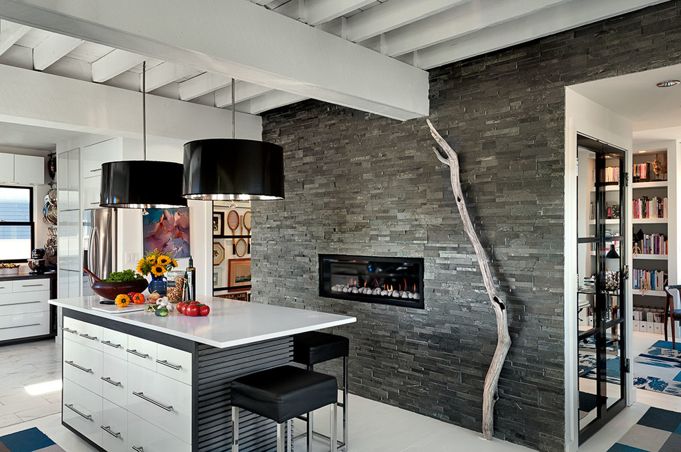 Stacked Stone Tile Kitchen Modern with Counter Stools Driftwood Drum