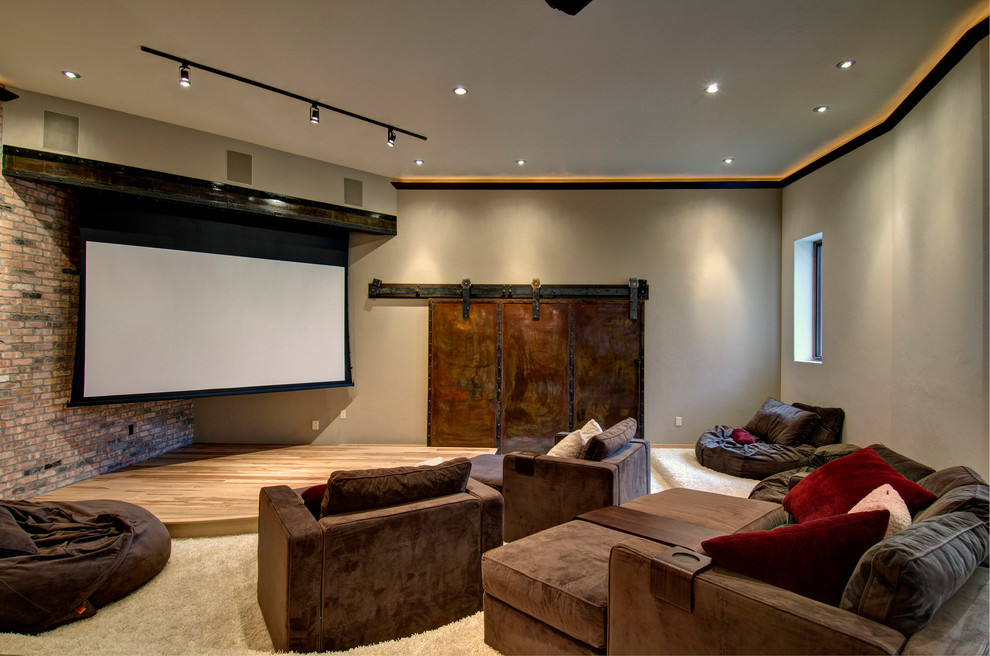 Staging Furniture for Sale Home Theater Contemporary with Brick Wall Brown Armchairs