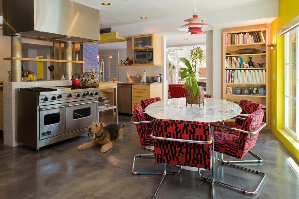 Stained Cement Floors Kitchen Contemporary with Bold Colors Books Bookshelves