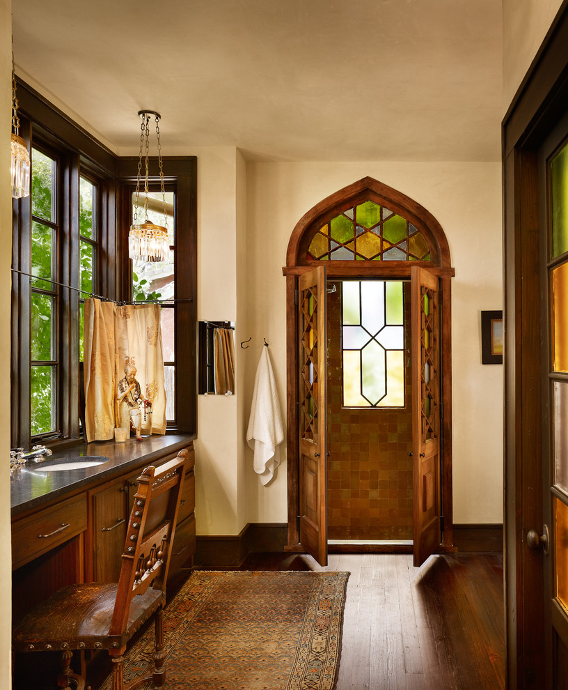 Stained Glass Designs Bathroom Mediterranean with Beige Wall Dark Wood