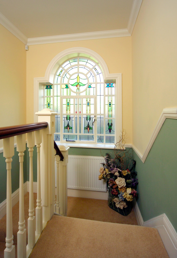 Stained Glass Designs Hall Traditional with Carpeted Staircase Green Wall