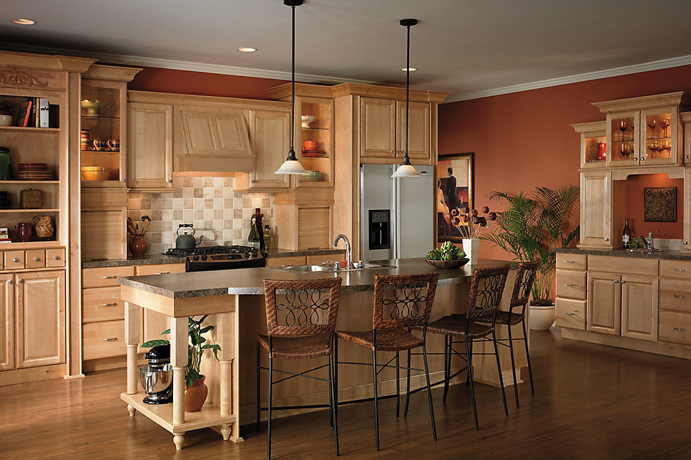 Stainless Steel Apron Sink Kitchen Traditional with All Natural Wood Buffet