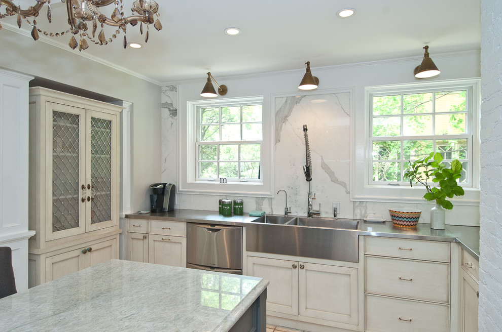 Stainless Steel Apron Sink Kitchen Traditional with Beige Cabinets Beige China