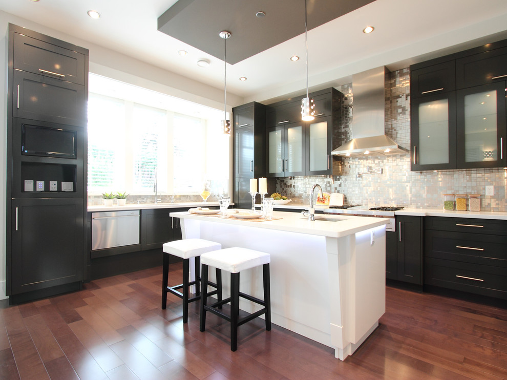 Stainless Steel Backsplash Tiles Kitchen Contemporary with Black Cabinets Counter Stools