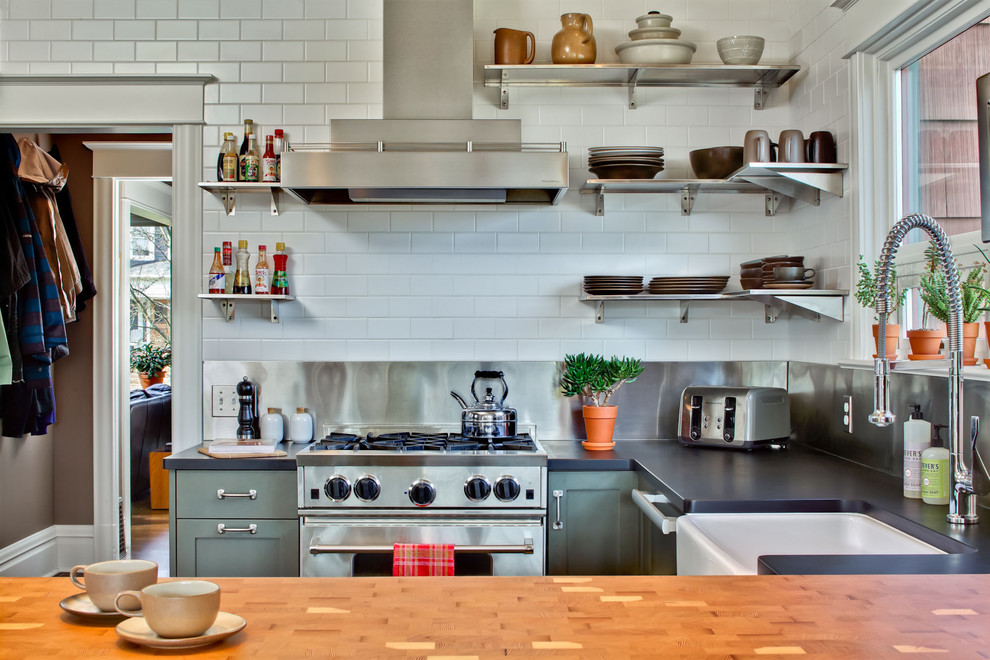 Stainless Steel Backsplash Tiles Kitchen Transitional with Apron Sink Black Countertop