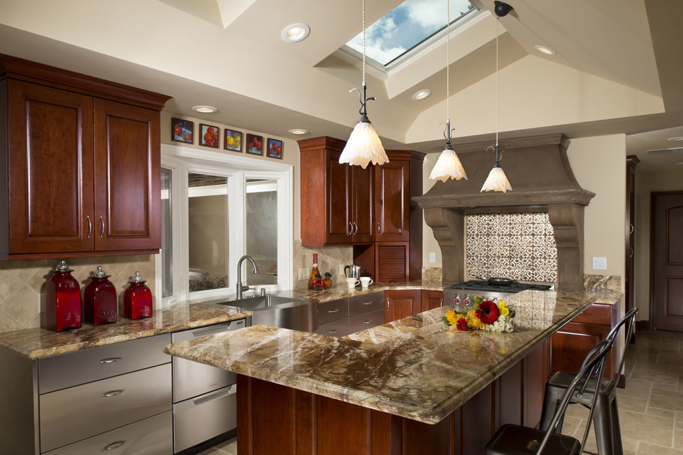 Stainless Steel Backsplash Tiles Kitchen Transitional with Bay Window Brown Granite