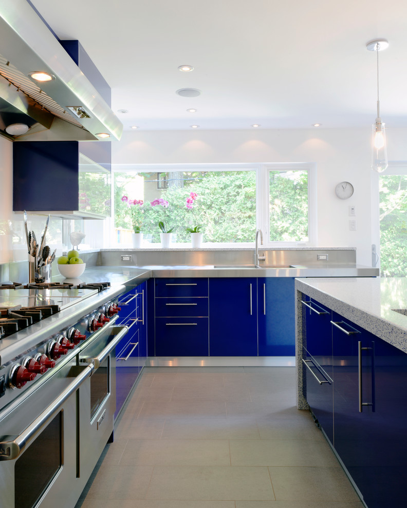 Stainless Steel Baseboard Kitchen Contemporary with Blue Cabinets Built in Appliances