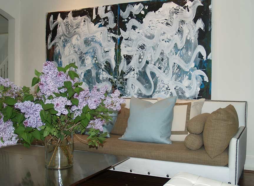 Stainless Steel Coffee Table Living Room Eclectic with Artful Banquette Calligraphic Linens