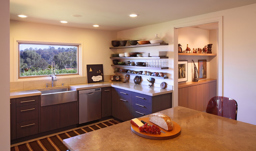 Stainless Steel Farmhouse Sink Kitchen Mediterranean with Apron Sink Floating Shelves1