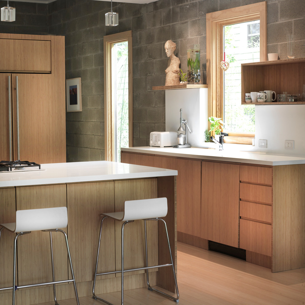 Stainless Steel Farmhouse Sink Kitchen Modern with Bamboo Plywood Concrete Block