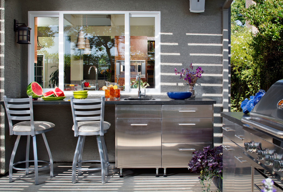 Stainless Steel Prep Table Patio Contemporary with Bar Stool Concrete Countertop