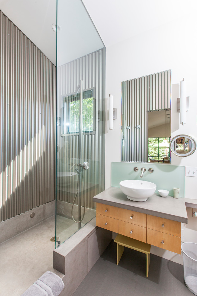 Stainless Steel Shower Shelf Bathroom Contemporary with Bowl Sink Concrete Floor