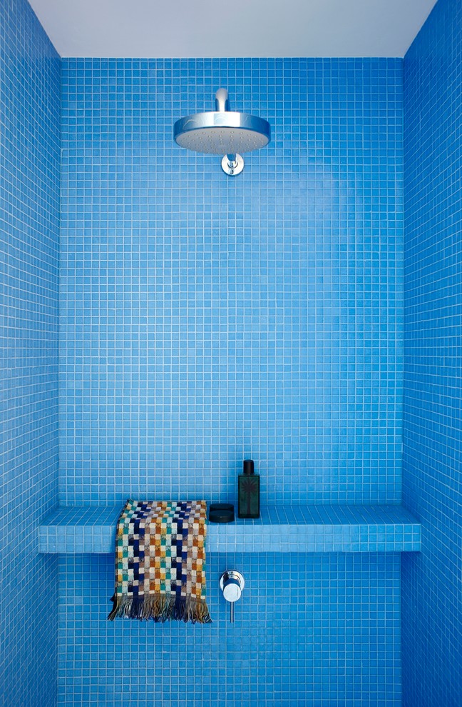 Stainless Steel Shower Shelf Bathroom Modern with Bench Blue Colorful Mosaic