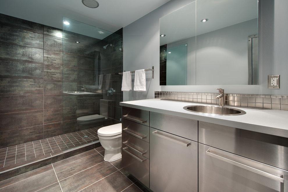 Stainless Steel Shower Shelf Garage and Shed Contemporary with Bathroom Cabinets Brown Tile