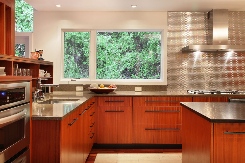 Stainless Steel Tile Backsplash Kitchen Contemporary with Bluebell Ceiling Lighting Fruit