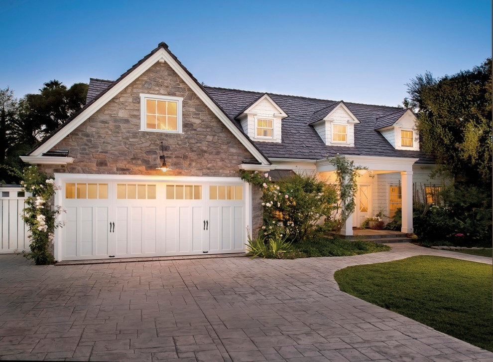 Stamped Concrete Driveway Exterior Traditional with Carriage House Garage Doors