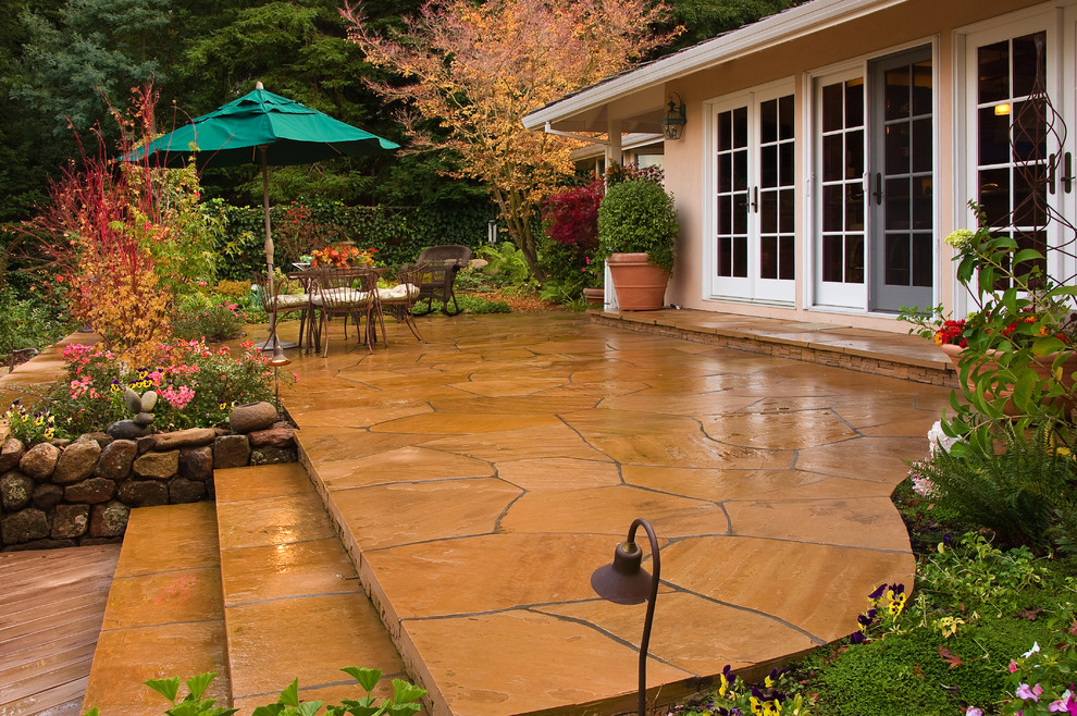 Stamped Concrete vs Pavers Landscape Traditional with Container Plants French Doors