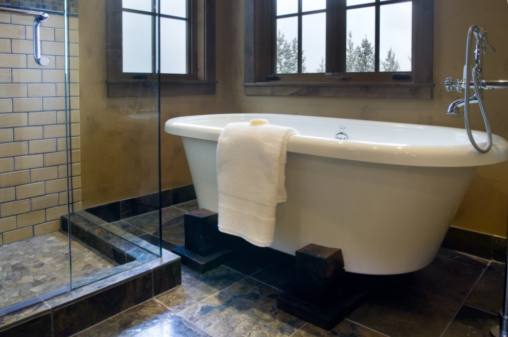 Stand Alone Tub Bathroom Eclectic with Corner Windows Faux Finish