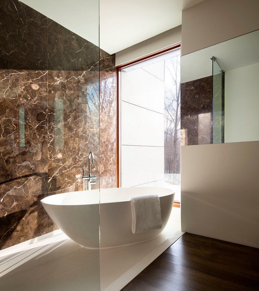Stand Alone Tub Bathroom Modern with Brown Wall Dark Wood