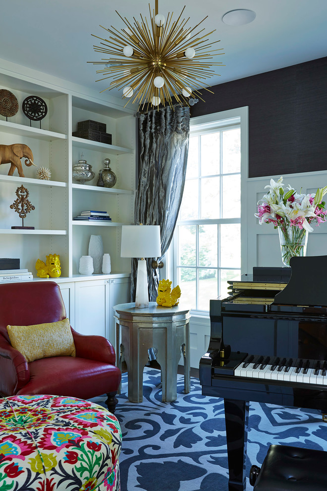Starburst Light Fixture Family Room Contemporary with Blue Bookshelves Charcoal Eclectic