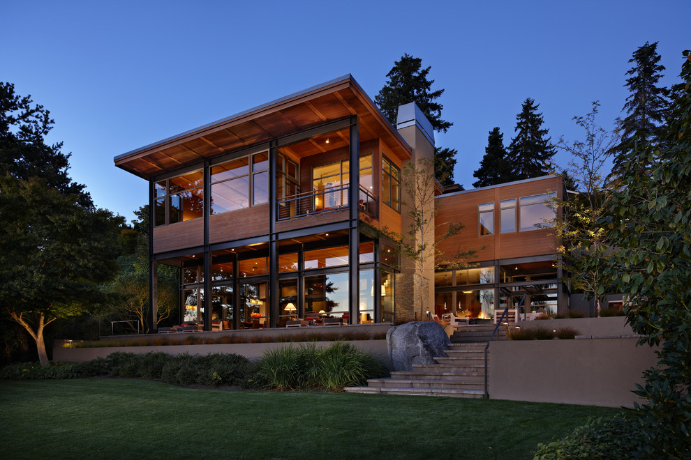 Steel Building Homes Exterior Modern with Boulders Exposed Beams Flat