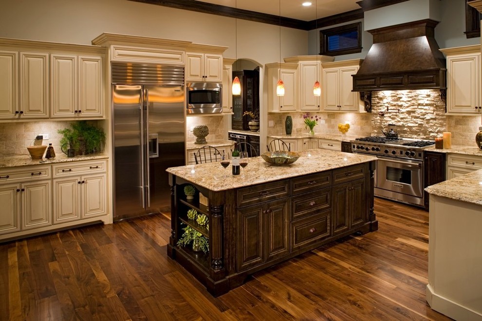 Stone Backsplash Ideas Kitchen Traditional with Blue Wall Clerestory Crown