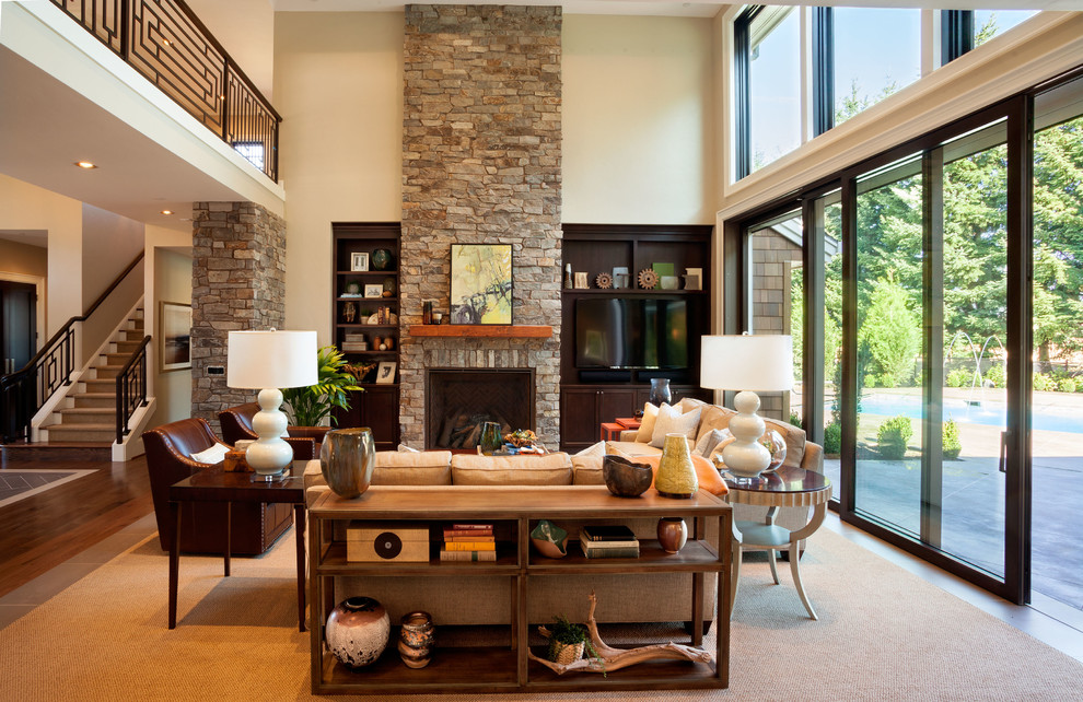 Stone Console Tables Living Room Transitional with Brown Armchairs Large Sliding