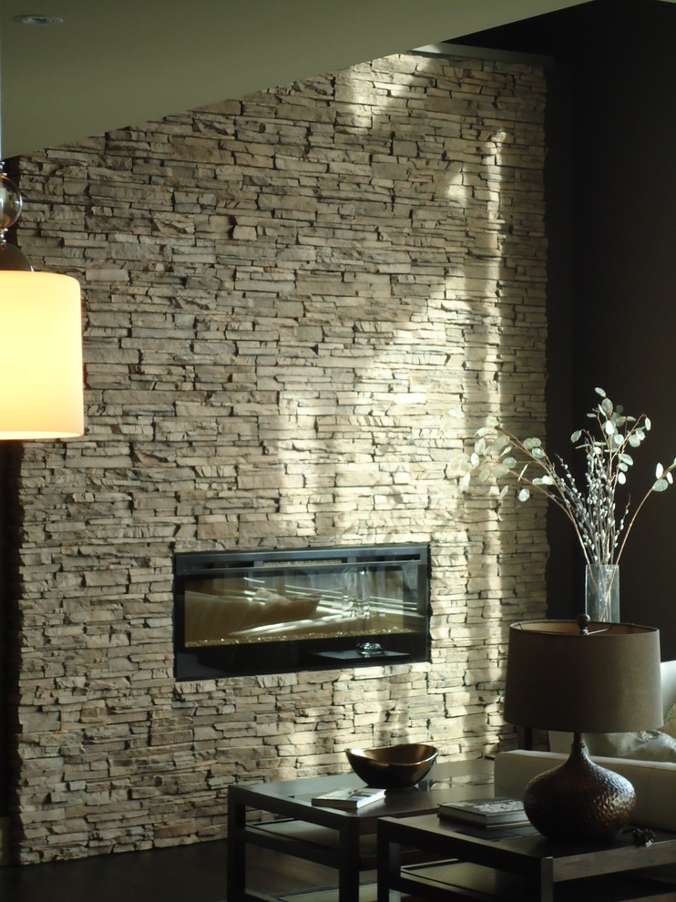 Stone Electric Fireplace Family Room Contemporary with Floor to Ceiling Stonewall