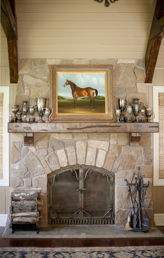 Stone Fireplace Mantels Family Room Traditional with Antique Trophies Family Room