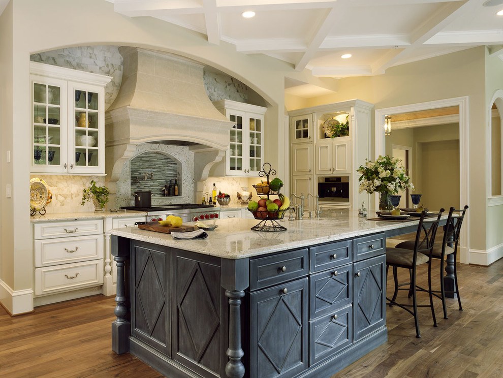 Stone Fireplace Mantels Kitchen Traditional with Bertch Custom Cabinets Chandelier