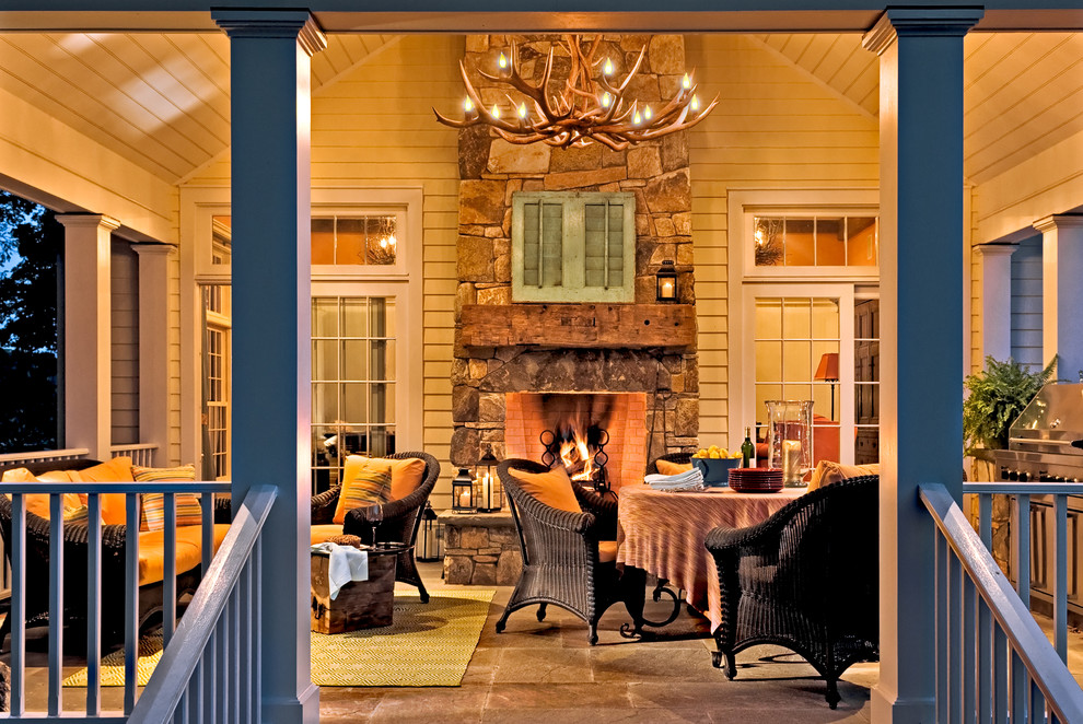 Stone Fireplace Mantels Porch Traditional with Antler Chandelier Back Porch