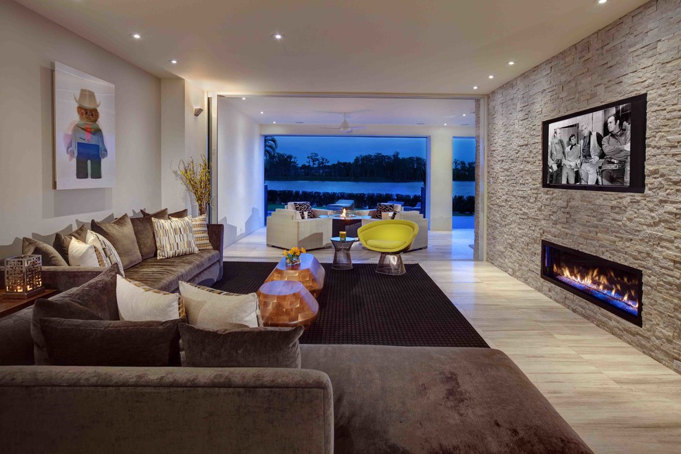 Stone Gas Fireplace Living Room Contemporary with Art Beige Wall Brown