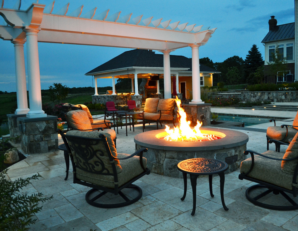 Stone Gas Fireplace Patio Modern with Firepit Seating Area Flagstone