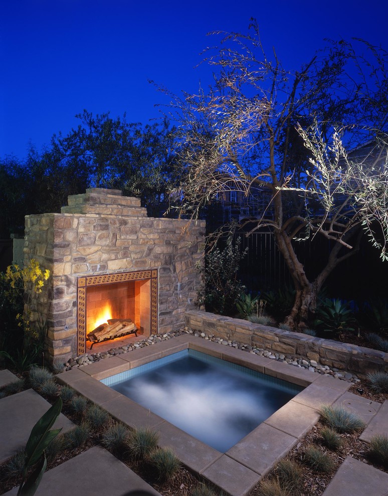 Stone Outdoor Fireplace Pool Rustic with Faux Stone Jacuzzi Night