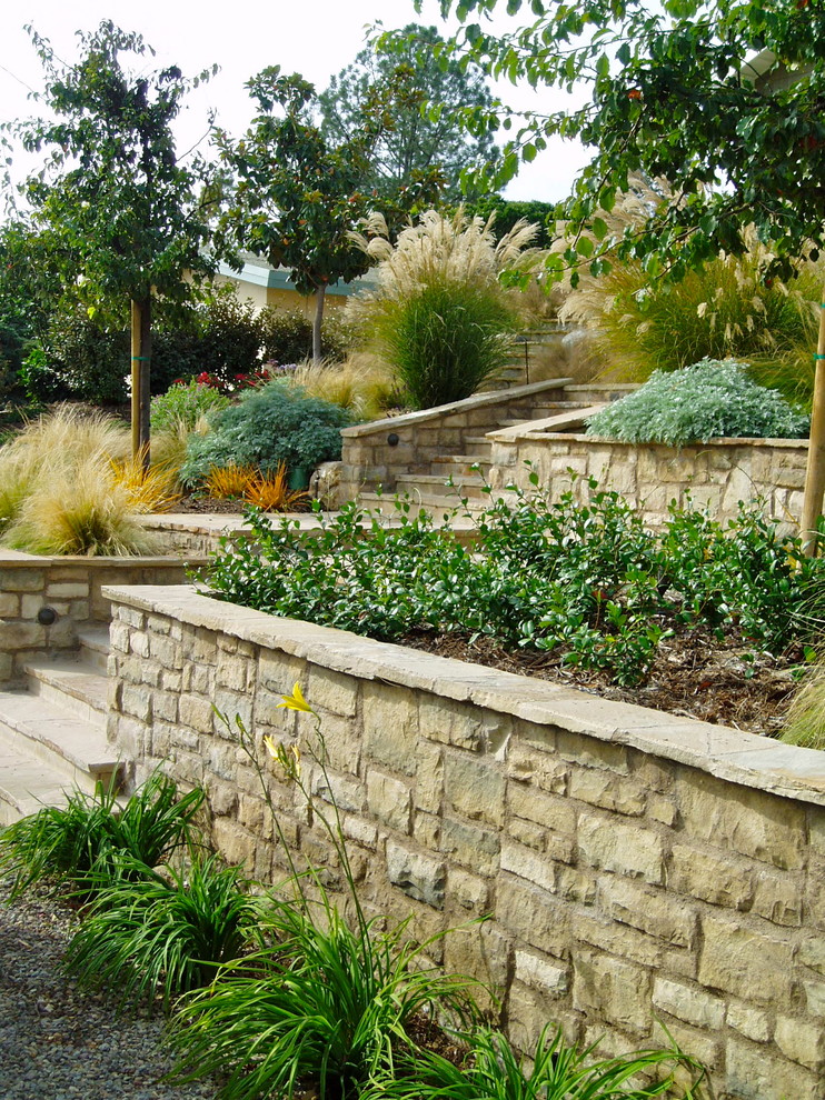 Stone Retaining Wall Landscape Craftsman with Drought Tolerant Flagstone Grasses