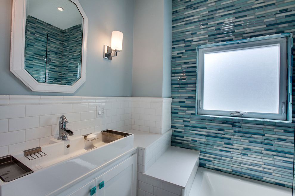 Stone Soap Dispenser Bathroom Transitional with Bathroom Mirror Blue Cabinet
