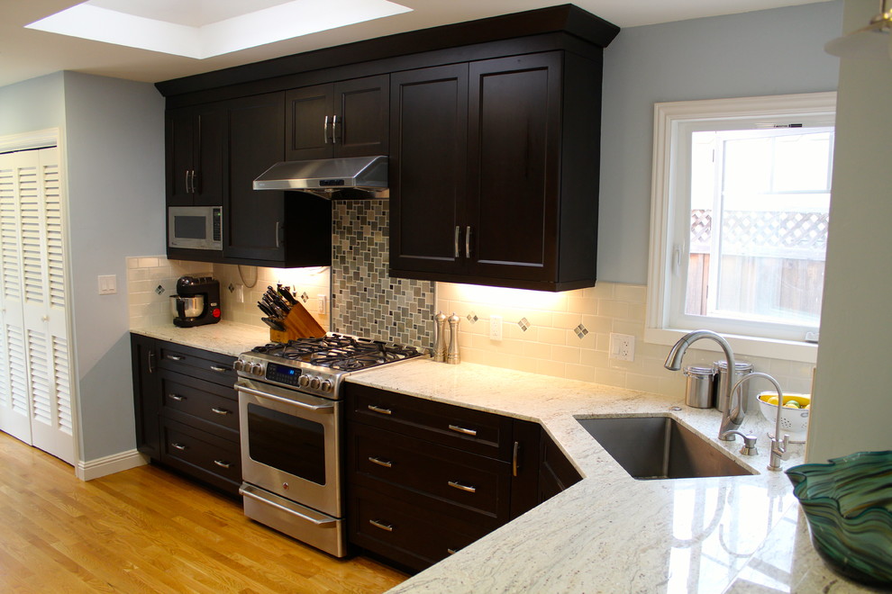 Stone Soap Dispenser Kitchen Traditional with Backsplash Blue Walls Chrome
