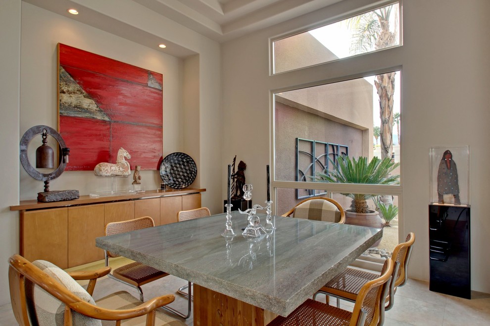 Stone Table Tops Dining Room Mediterranean with Black Candle Cantilevered Chairs