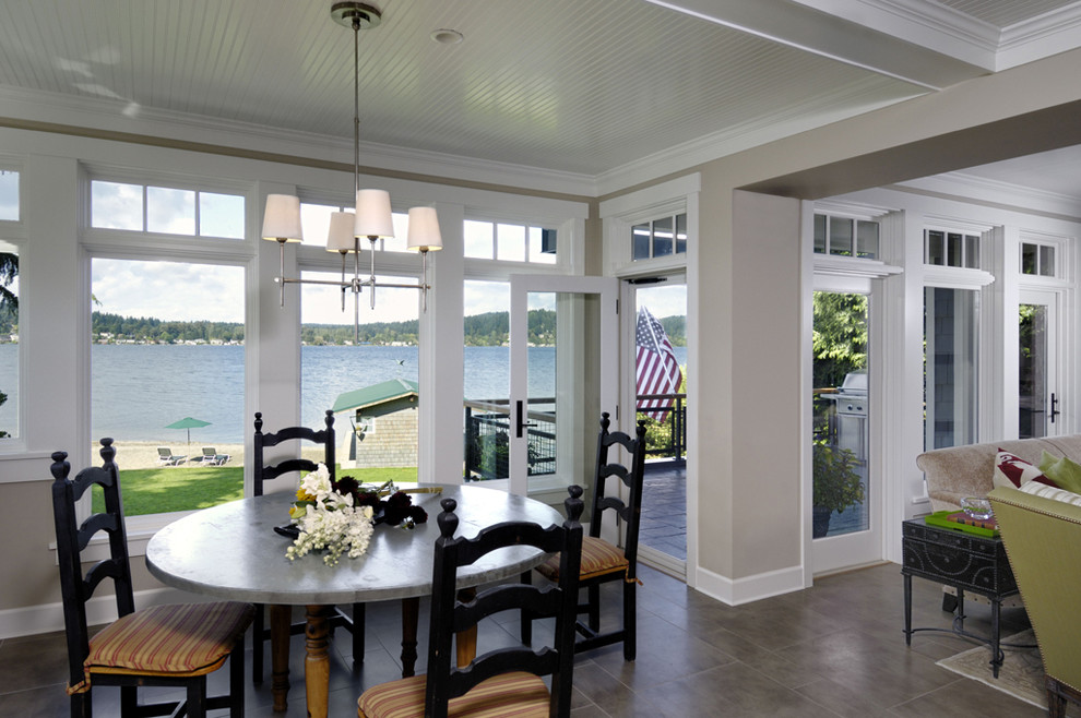Stone Table Tops Dining Room Transitional with Beadboard Ceiling Casing Chandelier