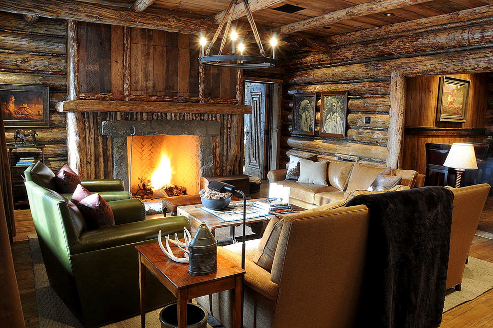 Stone Wall Fireplace Family Room Rustic with Antlers Decorative Pillows Family