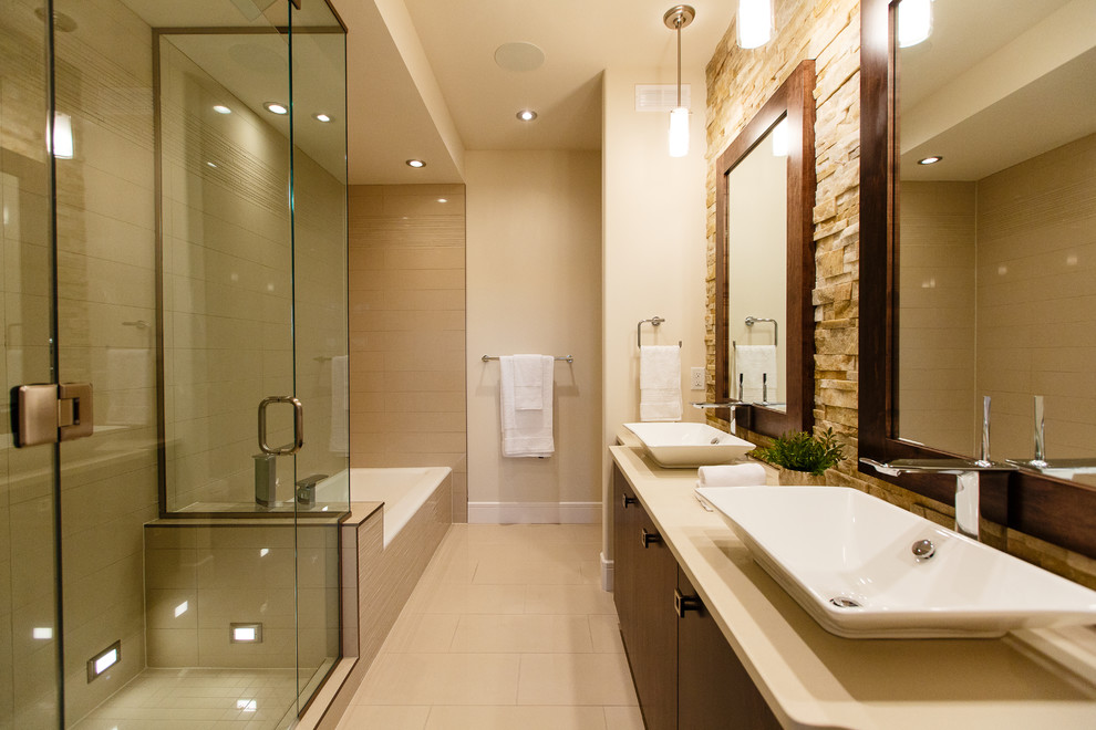 Stone Wall Tile Bathroom Transitional with Baseboards Bath Lighting Bathroom