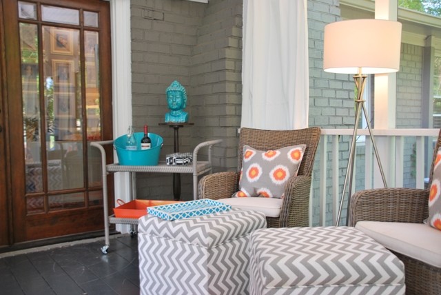Storage Ottoman with Tray Porch Beach with Beadboard Ceiling Brick Ranch