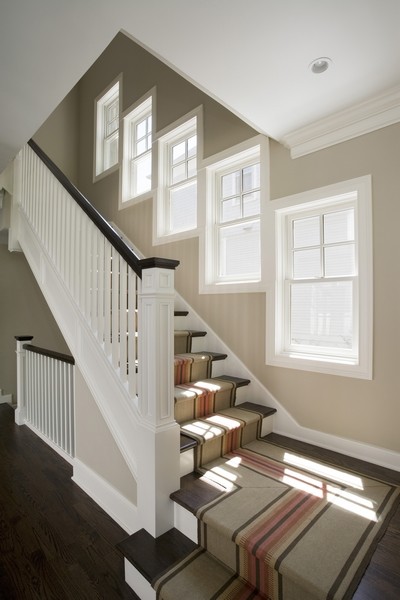 Striped Stair Runner Staircase Traditional with Newel Post Painted Risers
