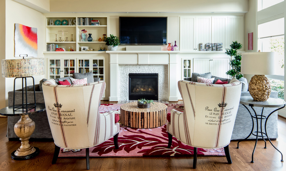 Striped Wingback Chair Family Room Eclectic with Beige Cabinets Beige Fireplace
