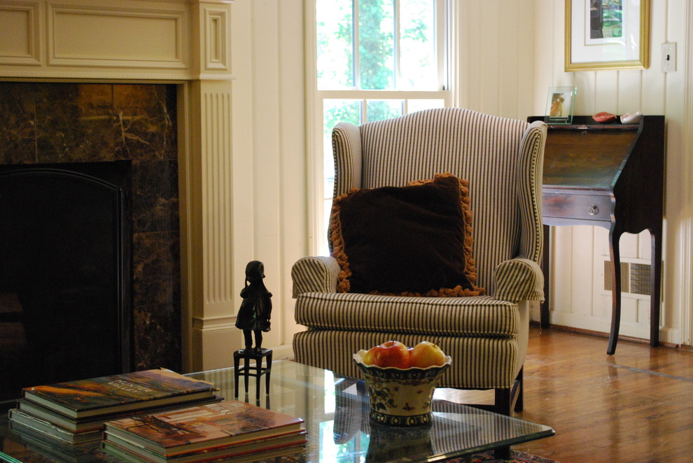 Striped Wingback Chair Family Room Traditional with Bronze Cocktail Table Desk