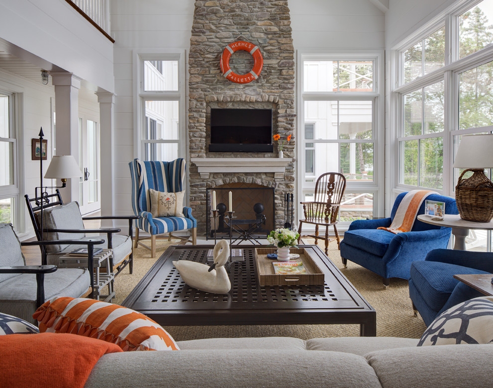 Striped Wingback Chair Living Room Beach with Blue Armchair Custom Home